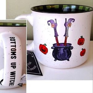 Halloween Bottoms Up Witches Gingham Print Ceramic Camper Mug NWT